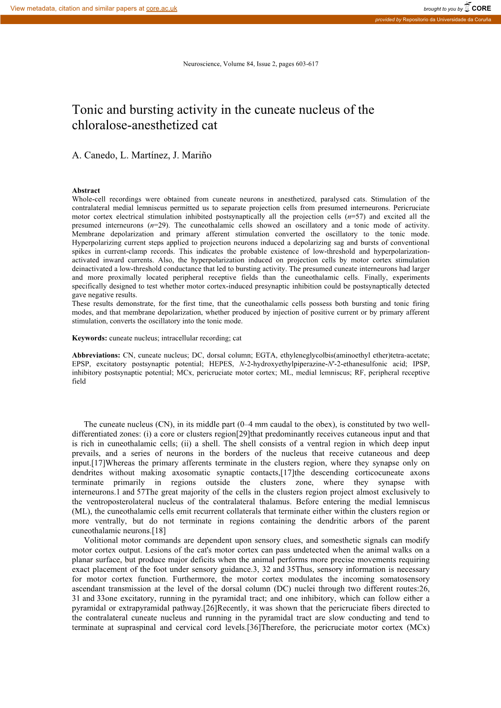 Tonic and Bursting Activity in the Cuneate Nucleus of the Chloralose-Anesthetized Cat