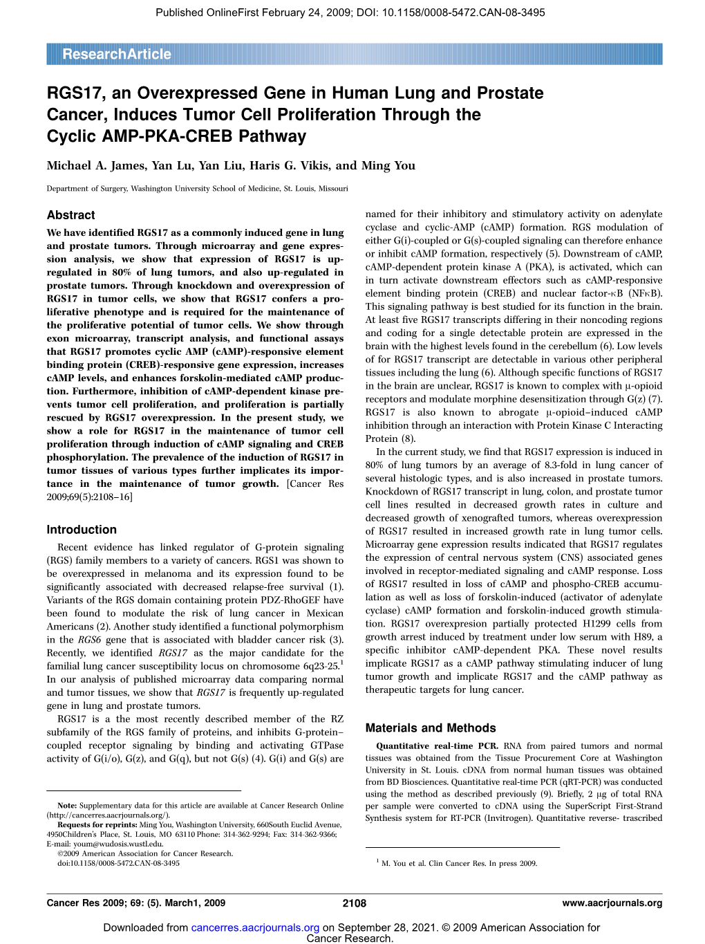 RGS17, an Overexpressed Gene in Human Lung and Prostate Cancer, Induces Tumor Cell Proliferation Through the Cyclic AMP-PKA-CREB Pathway