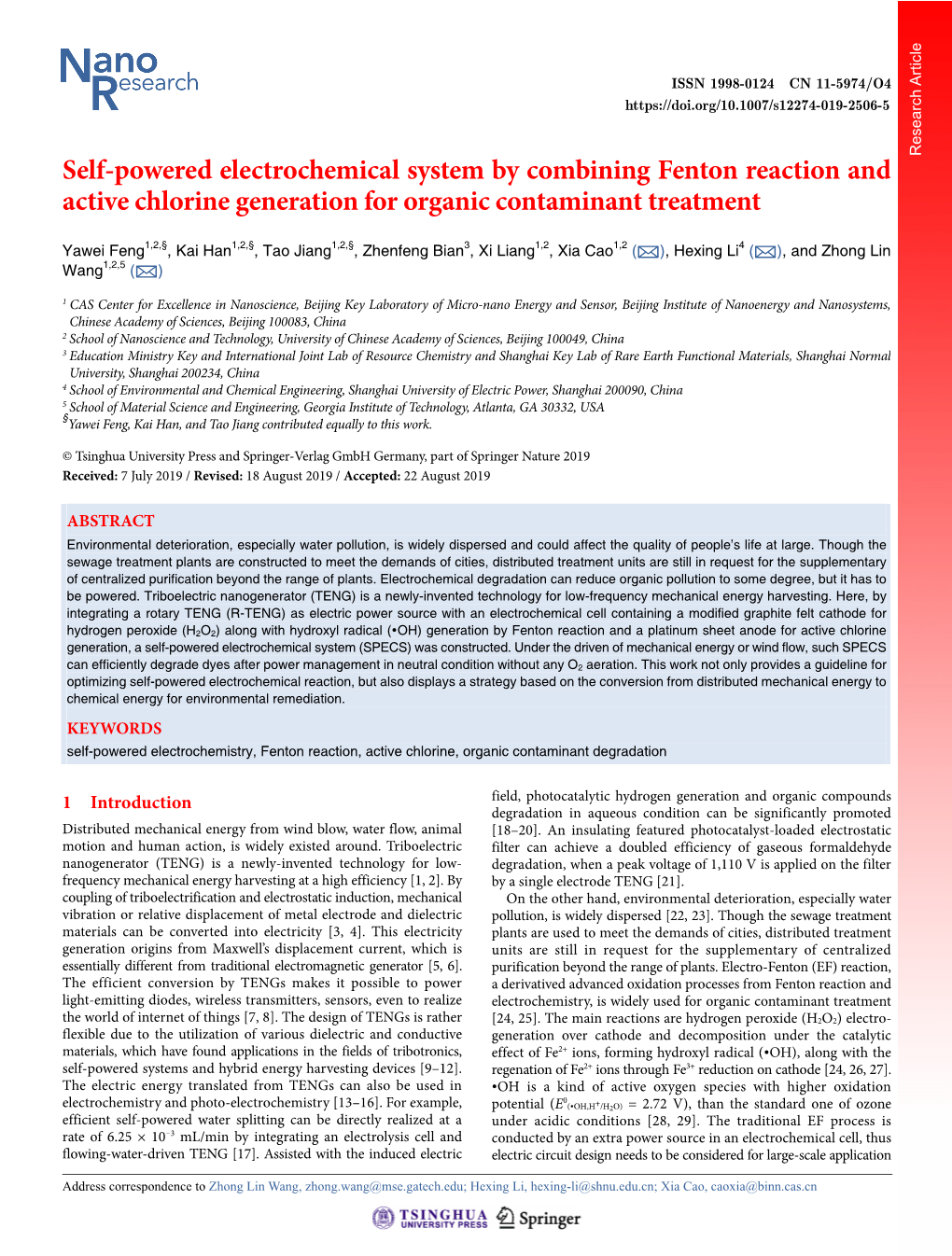 Self-Powered Electrochemical System by Combining Fenton Reaction and Active Chlorine Generation for Organic Contaminant Treatment