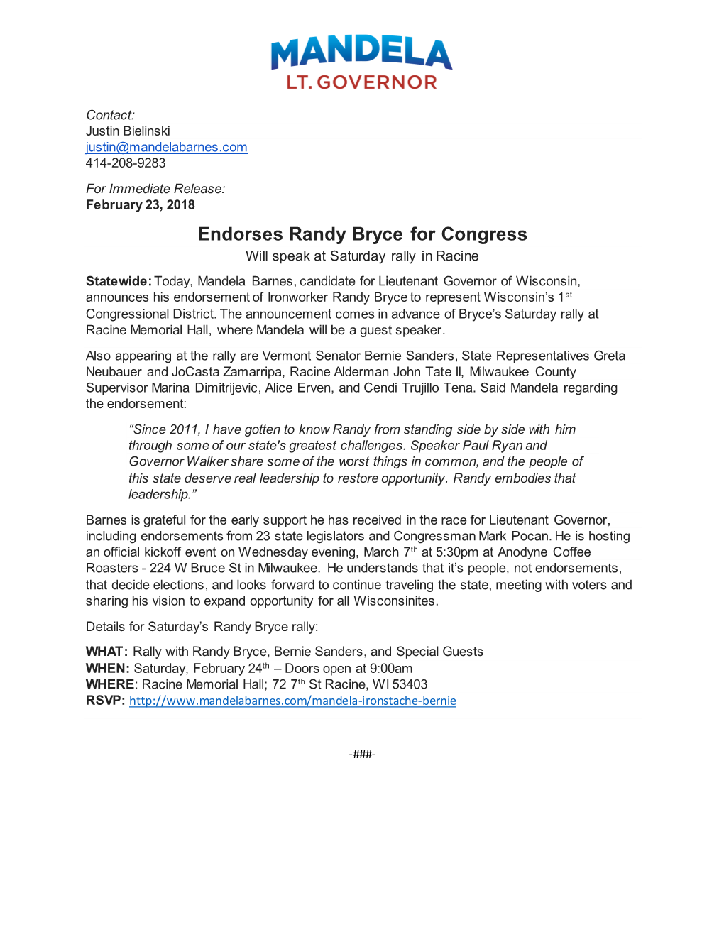 Endorses Randy Bryce for Congress