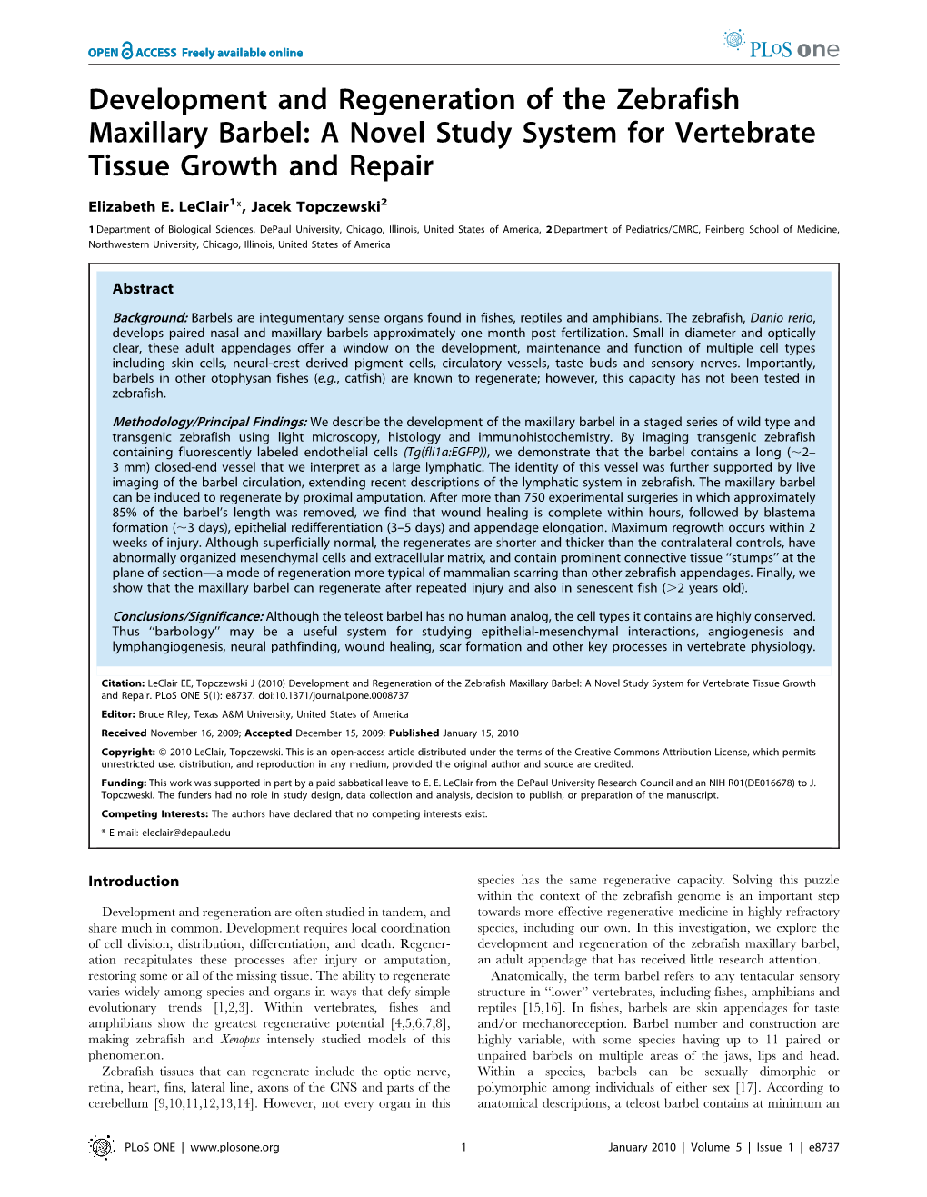 Development and Regeneration of the Zebrafish Maxillary Barbel: a Novel Study System for Vertebrate Tissue Growth and Repair