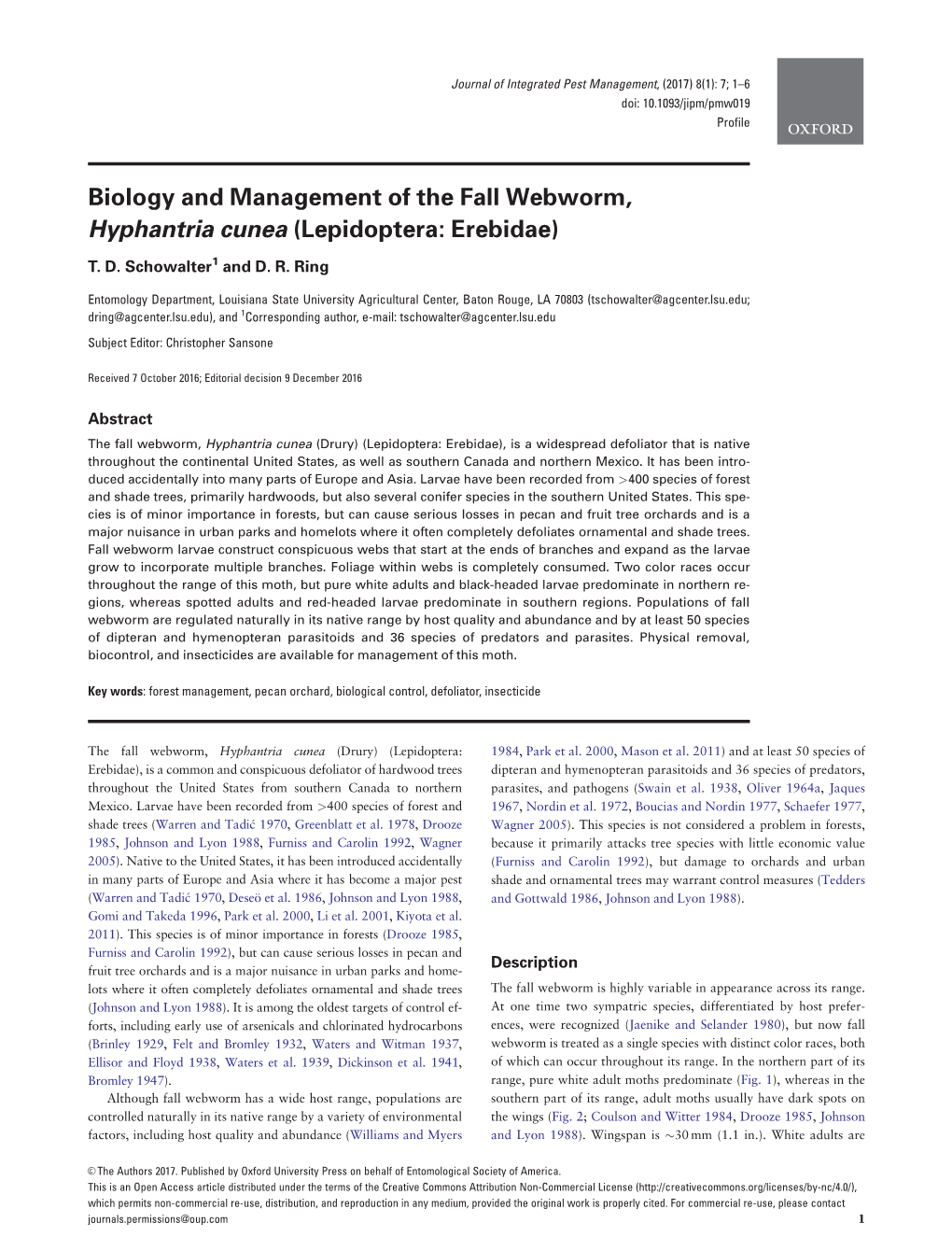 Biology and Management of the Fall Webworm, Hyphantria Cunea (Lepidoptera: Erebidae)