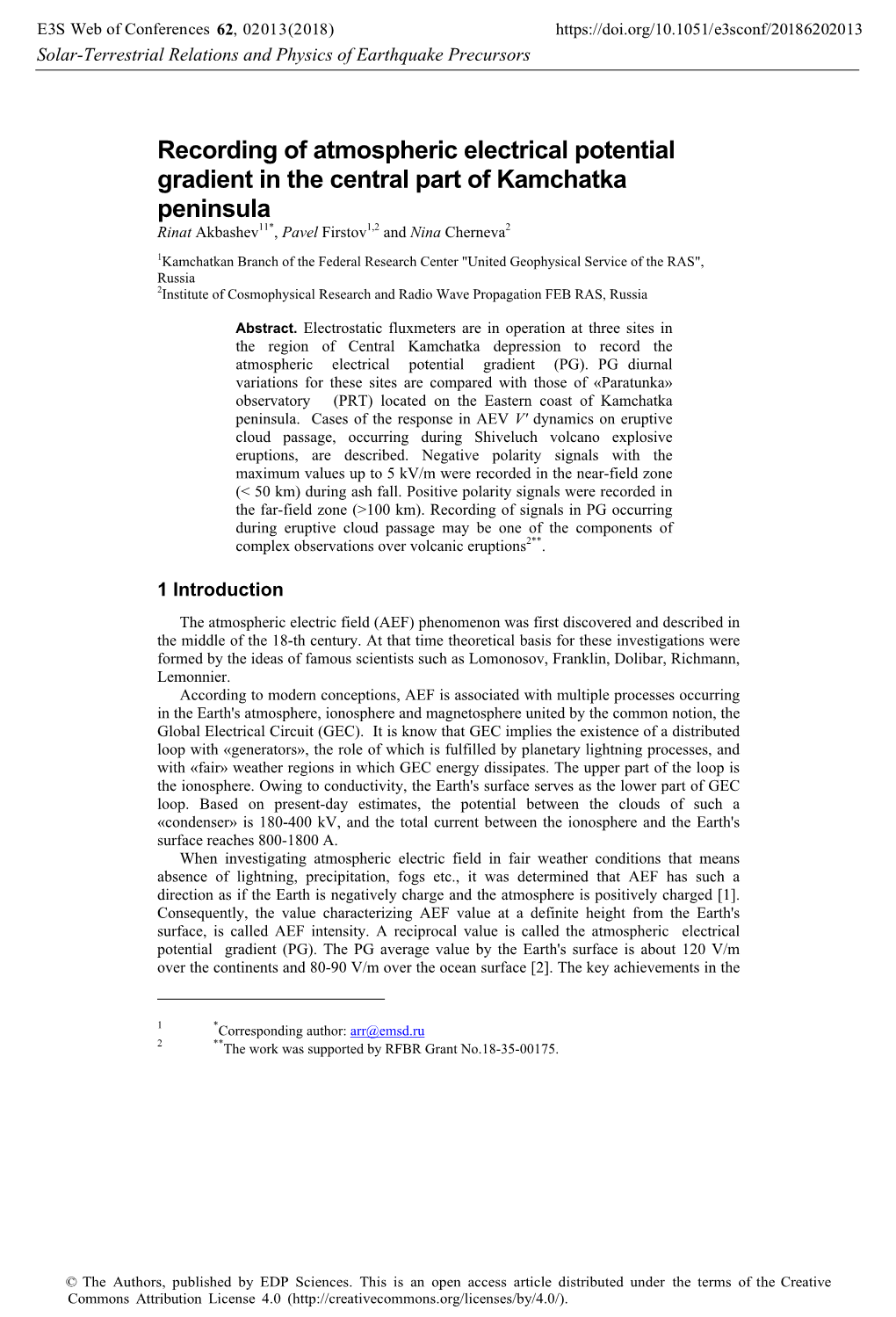 Recording of Atmospheric Electrical Potential Gradient in the Central Part of Kamchatka