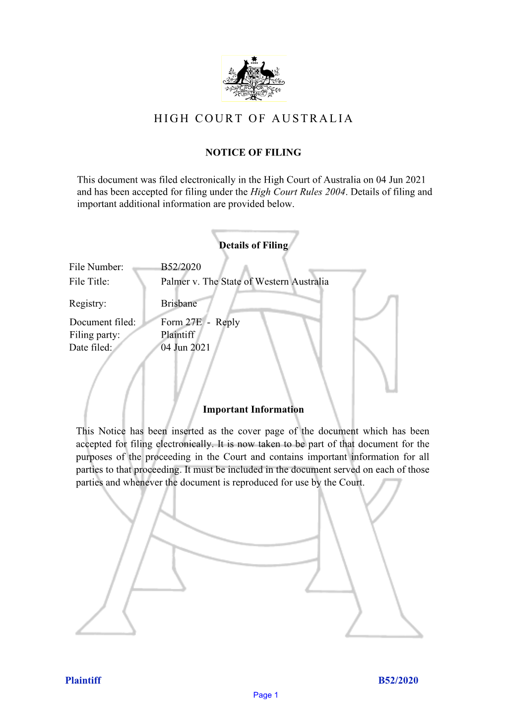 Reply Filingfiling Party:Party: Plaintiff Dadatete Ffiled:Iled: 04 Jun 2021