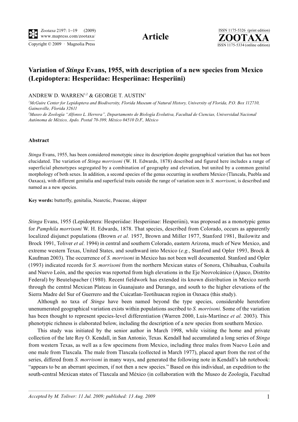 Zootaxa, Variation of Stinga Evans, 1955, with Description of a New