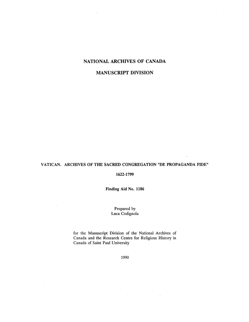 National Archives of Canada Manuscript Division