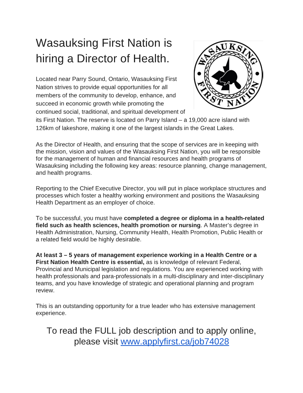 Wasauksing First Nation Is Hiring a Director of Health