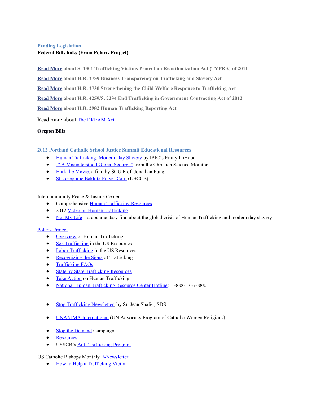 Federal Bills Links (From Polaris Project)