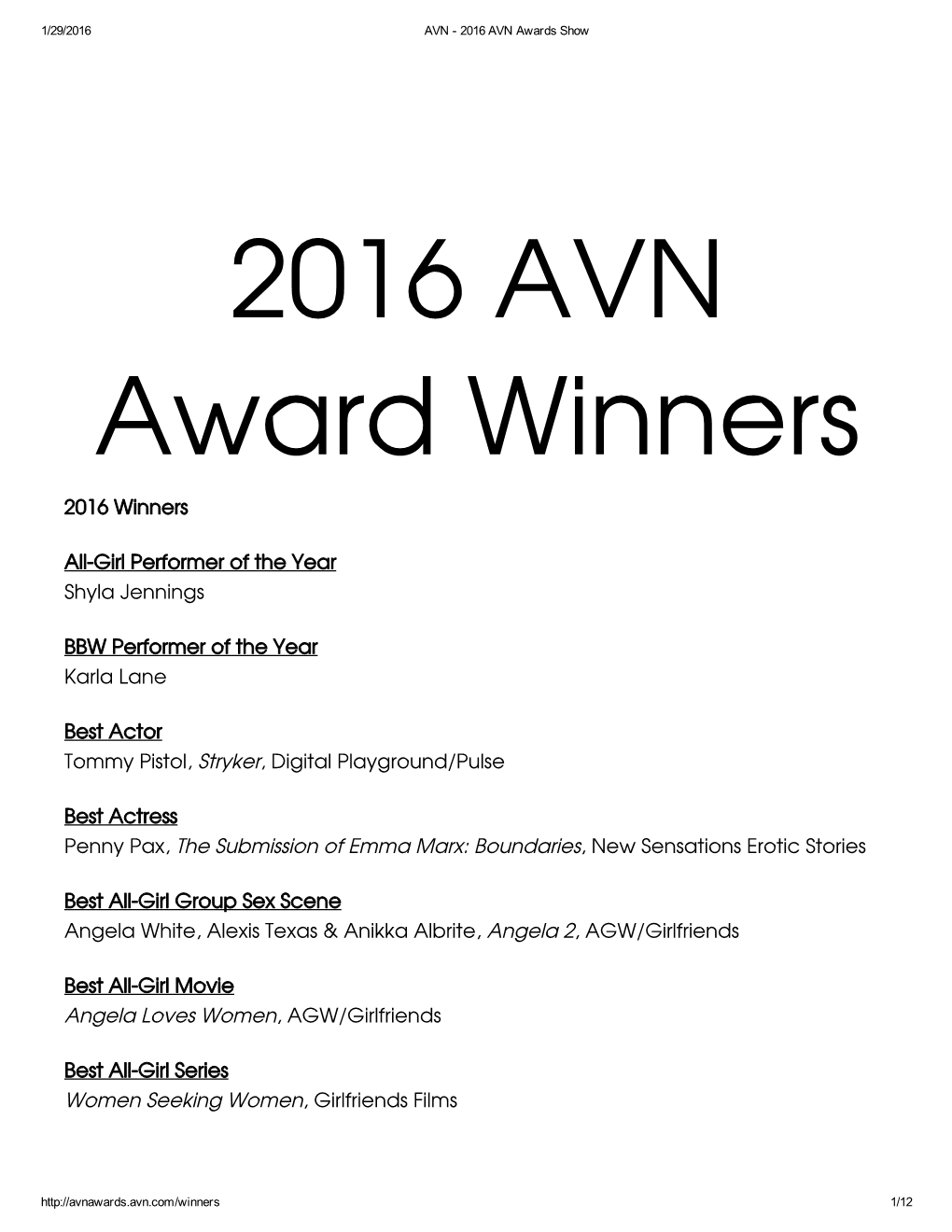 2016 Winners All-Girl Performer of the Year Shyla Jennings BBW Performer of the Year Karla Lane Best Actor