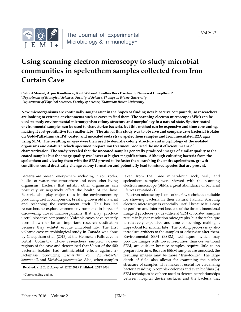 Using Scanning Electron Microscopy to Study Microbial Communities in Speleothem Samples Collected from Iron Curtain Cave