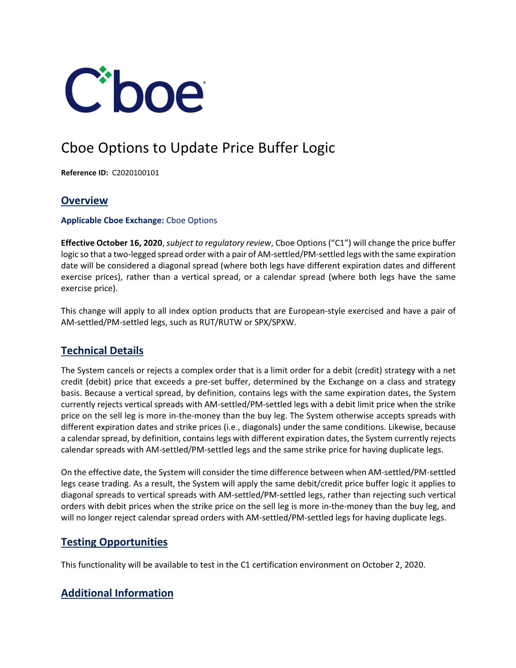 Cboe Options to Update Price Buffer Logic