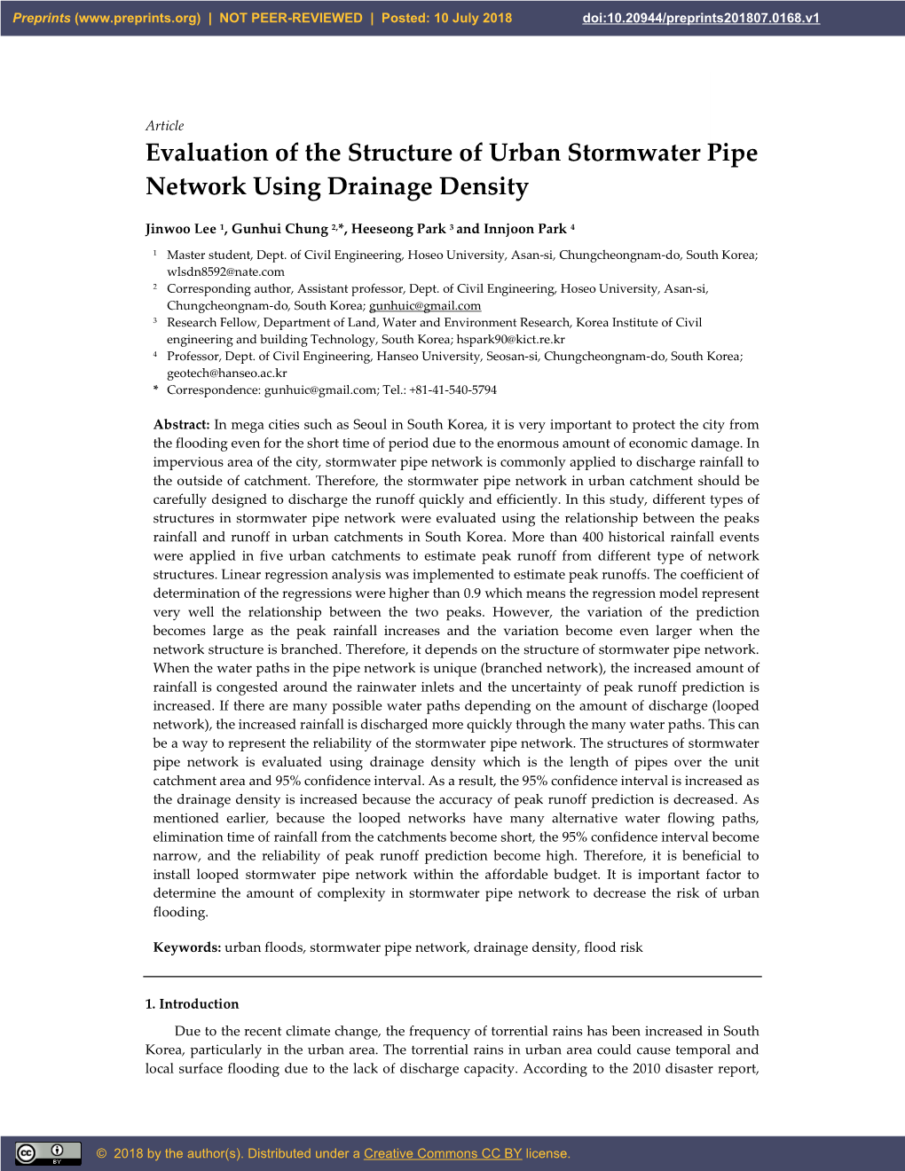 Evaluation of the Structure of Urban Stormwater Pipe Network Using Drainage Density
