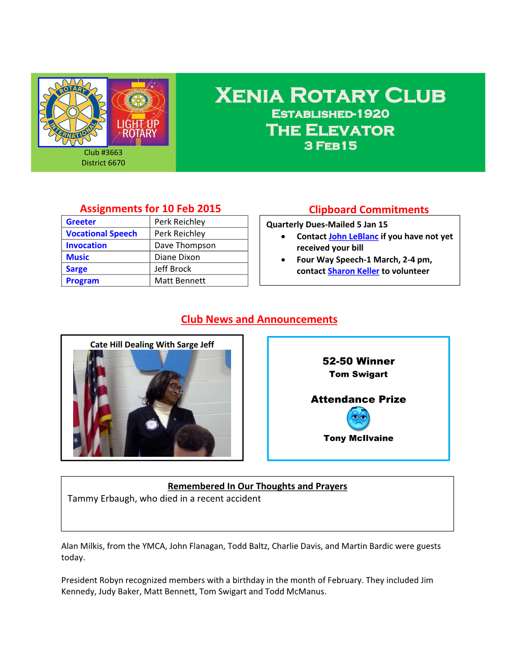 Xenia Rotary Club Established-1920 the Elevator 3 Feb15 Club #3663