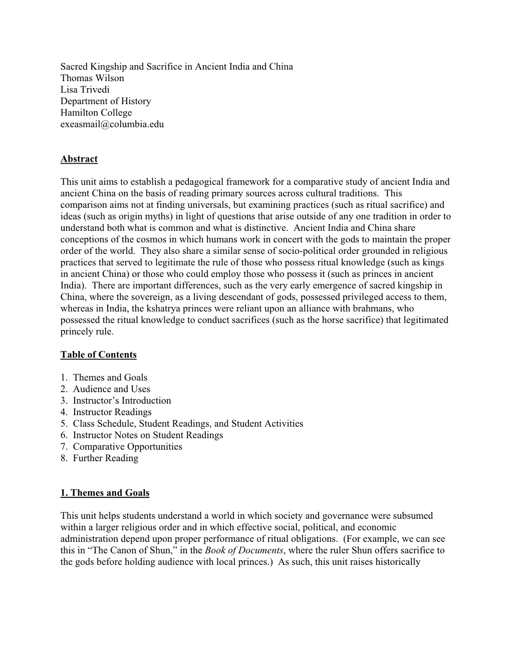 Sacred Kingship and Sacrifice in Ancient India and China Thomas Wilson Lisa Trivedi Department of History Hamilton College Exeasmail@Columbia.Edu