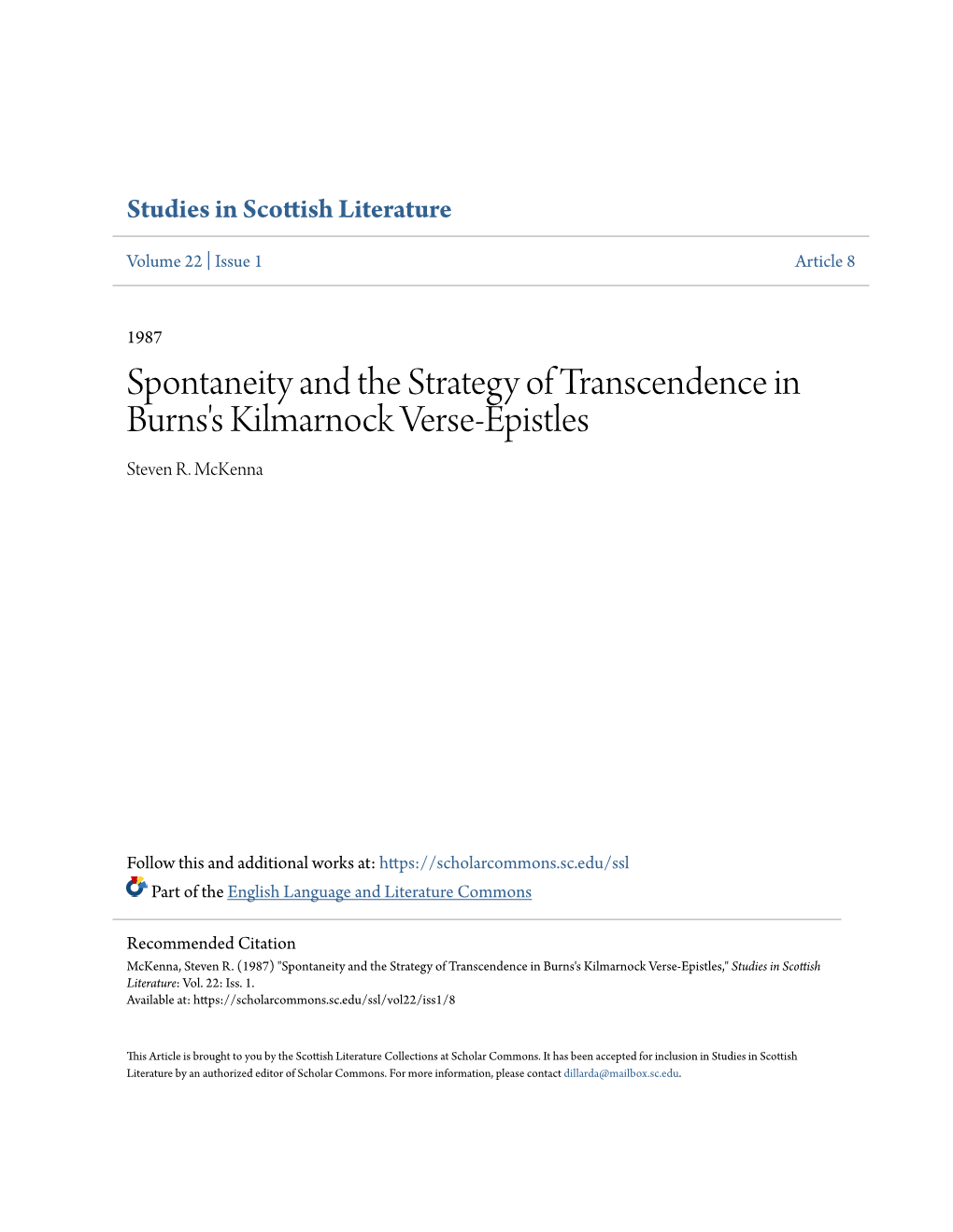 Spontaneity and the Strategy of Transcendence in Burns's Kilmarnock Verse-Epistles Steven R