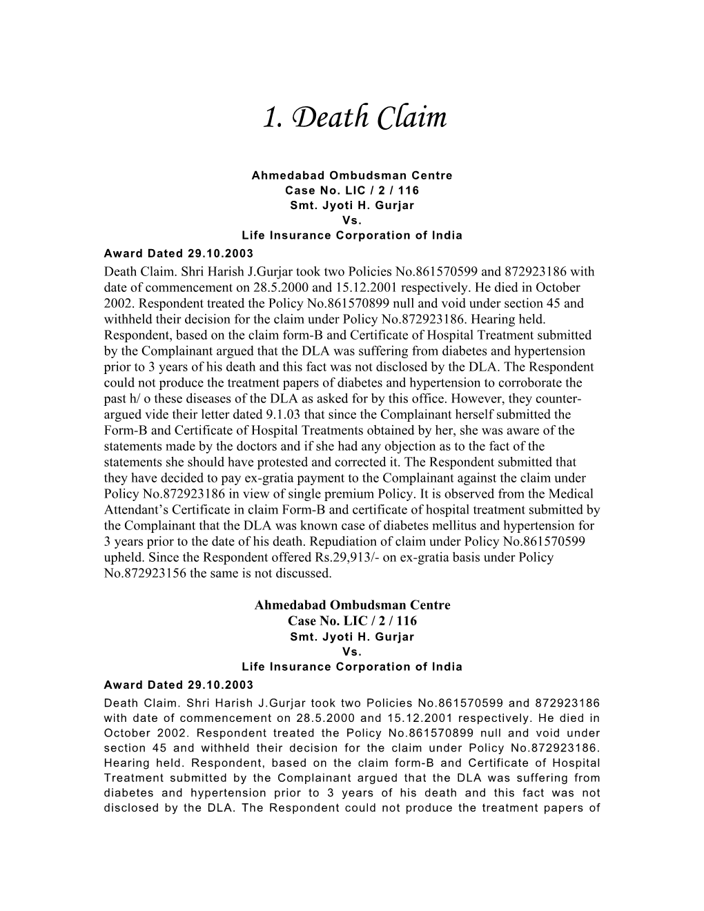 1. Death Claim