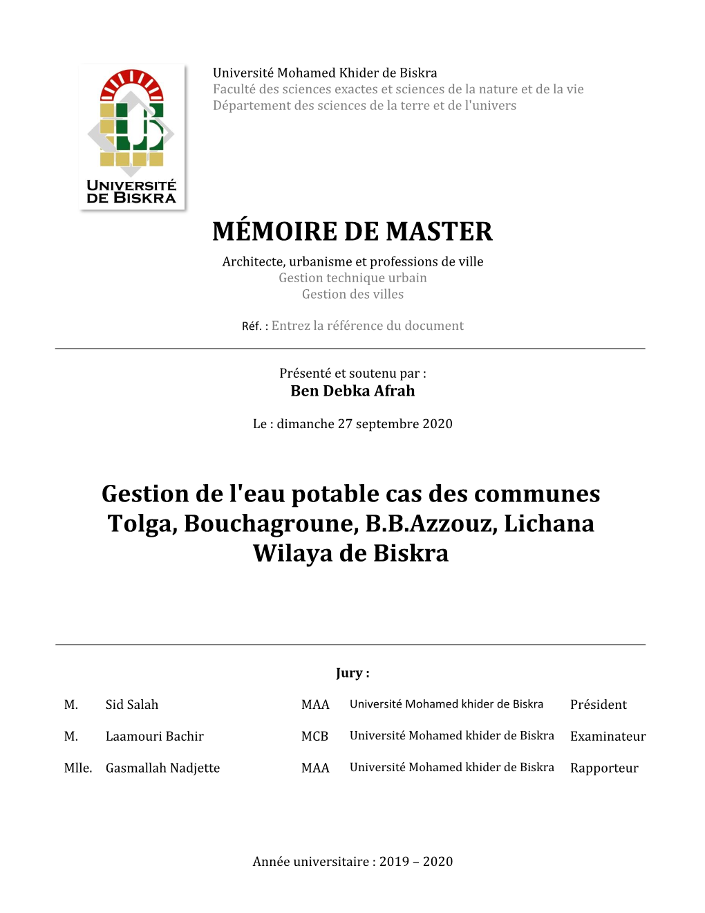 MÉMOIRE DE MASTER Architecte, Urbanisme Et Professions De Ville Gestion Technique Urbain Gestion Des Villes