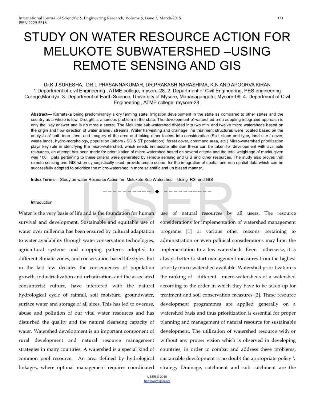 Study on Water Resource Action for Melukote Subwatershed –Using Remote Sensing and Gis