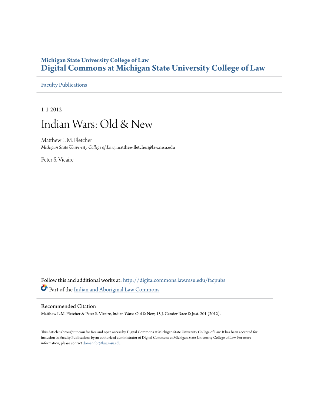 Indian Wars: Old & New Matthew L.M