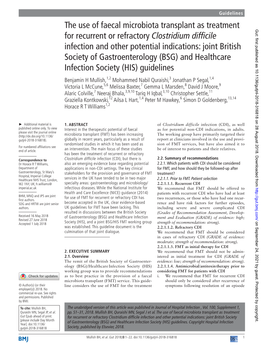 The Use of Faecal Microbiota Transplant As Treatment Gut: First Published As 10.1136/Gutjnl-2018-316818 on 28 August 2018