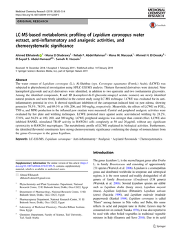 LC-MS-Based Metabolomic Profiling of Lepidium Coronopus Water Extract, Anti-Inflammatory and Analgesic Activities, and Chemosyst