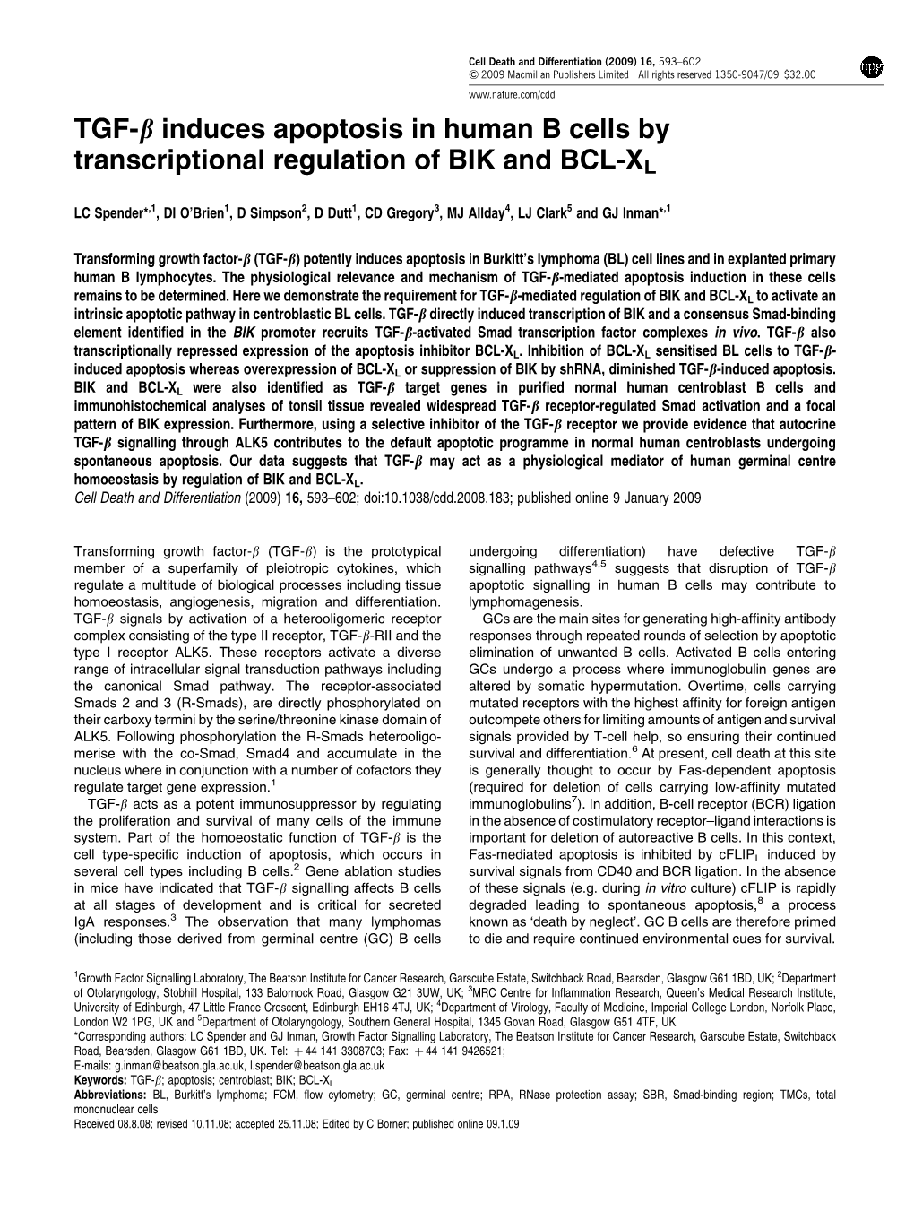 TGF-B Induces Apoptosis in Human B Cells by Transcriptional Regulation of BIK and BCL-XL