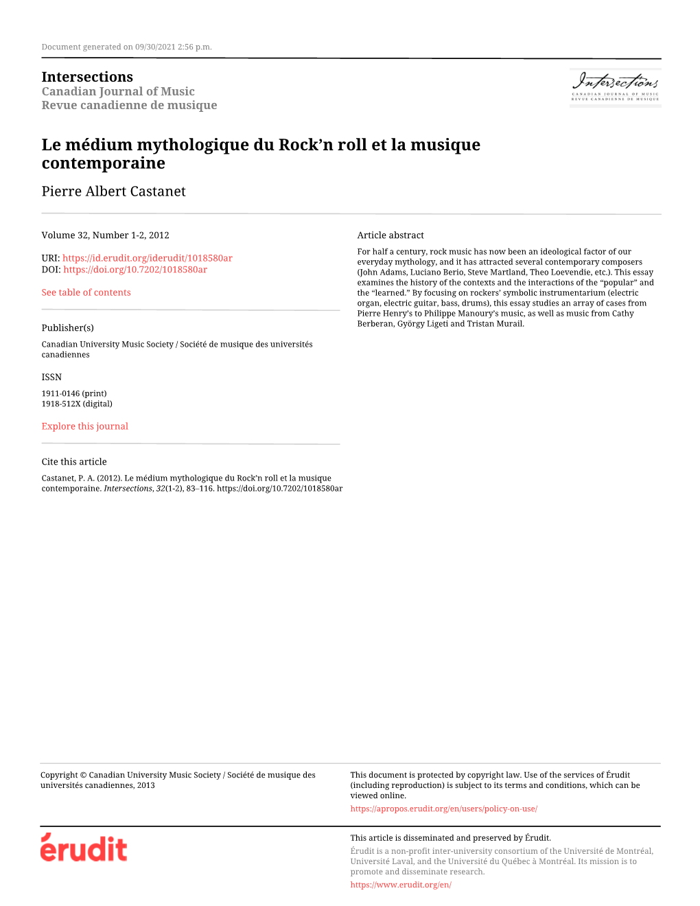 Le Médium Mythologique Du Rock'n Roll Et La Musique Contemporaine