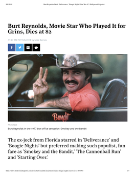 Burt Reynolds, Movie Star Who Played It for Grins, Dies at 82