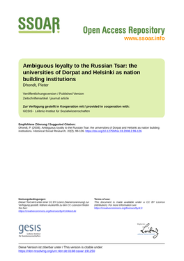 Ambiguous Loyalty to the Russian Tsar: the Universities of Dorpat and Helsinki As Nation Building Institutions Dhondt, Pieter