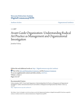 Avant-Garde Organization: Understanding Radical Art Practice As Management and Organizational Investigation Jonathan Vickery