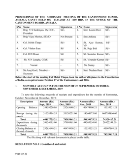 Proceedings of the Ordinary Meeting of the Cantonment Board, Ambala Cantt Held on 17.01.2020 at 1100 Hrs