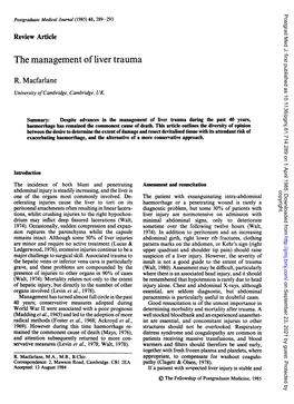 The Management of Liver Trauma During the Past 40 Years, Haemorrhage Has Remained the Commonest Cause of Death