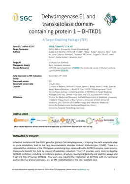 Dehydrogenase E1 and Transketolase Domain- Containing Protein 1 – DHTKD1 a Target Enabling Package (TEP)