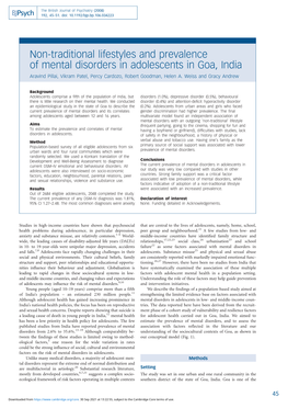 Non-Traditional Lifestyles and Prevalence of Mental Disorders in Adolescents in Goa, India Aravind Pillai, Vikram Patel, Percy Cardozo, Robert Goodman, Helen A