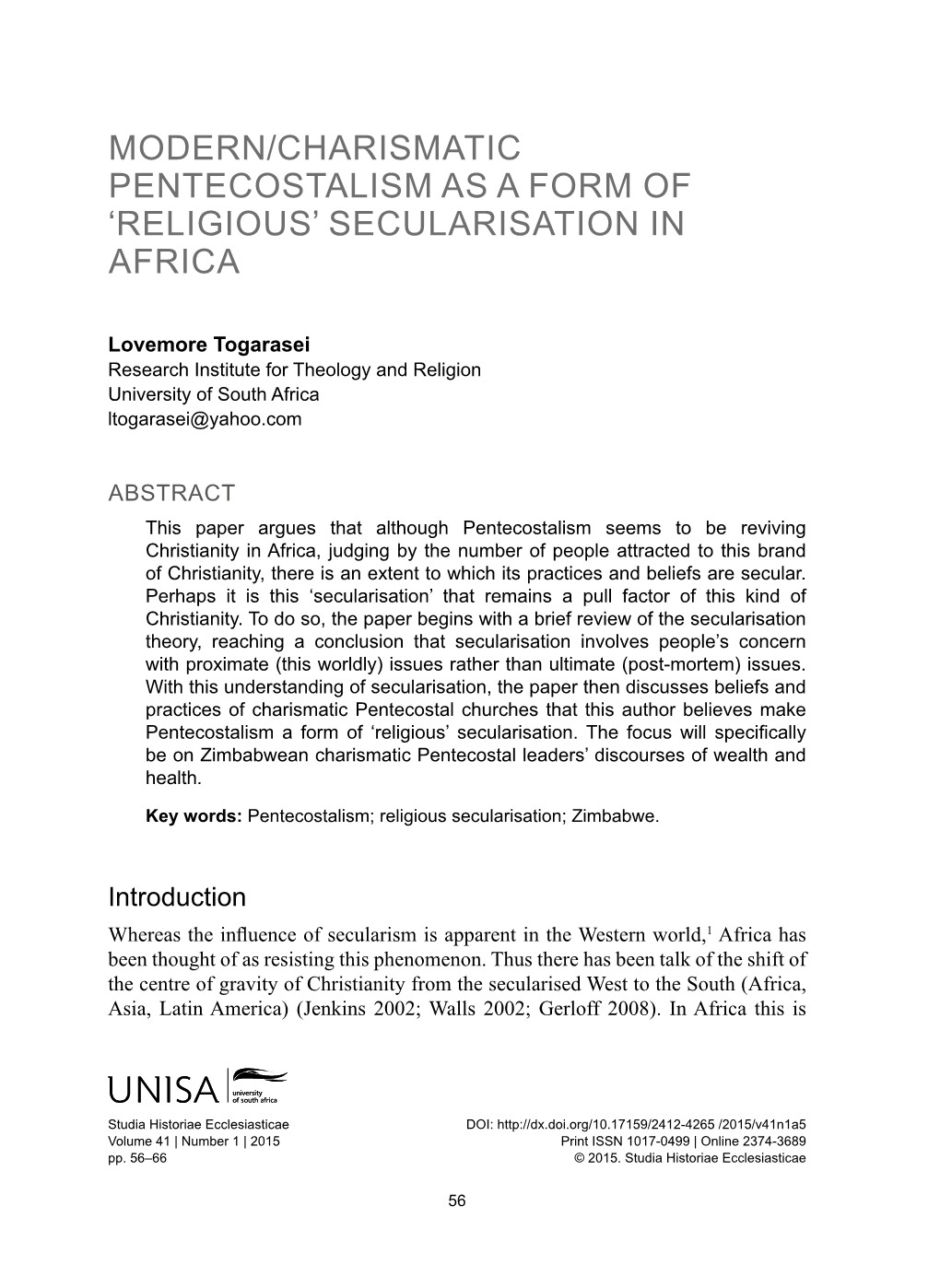 'Religious' Secularisation in AFRICA