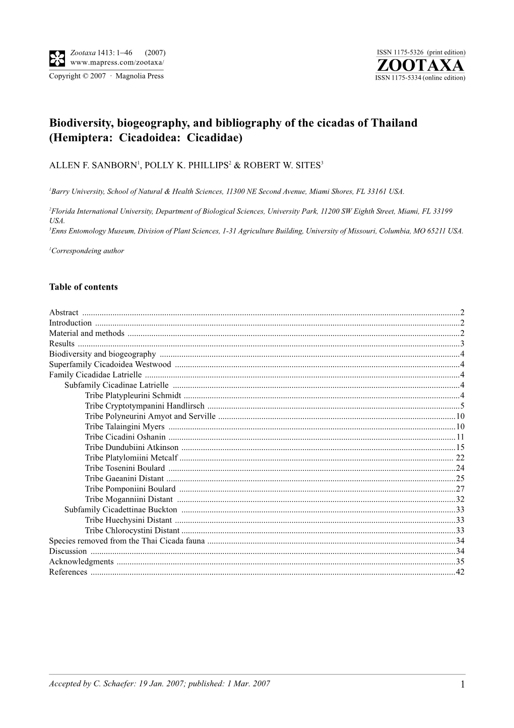 Zootaxa, Biodiversity, Biogeography, and Bibliography of the Cicadas Of