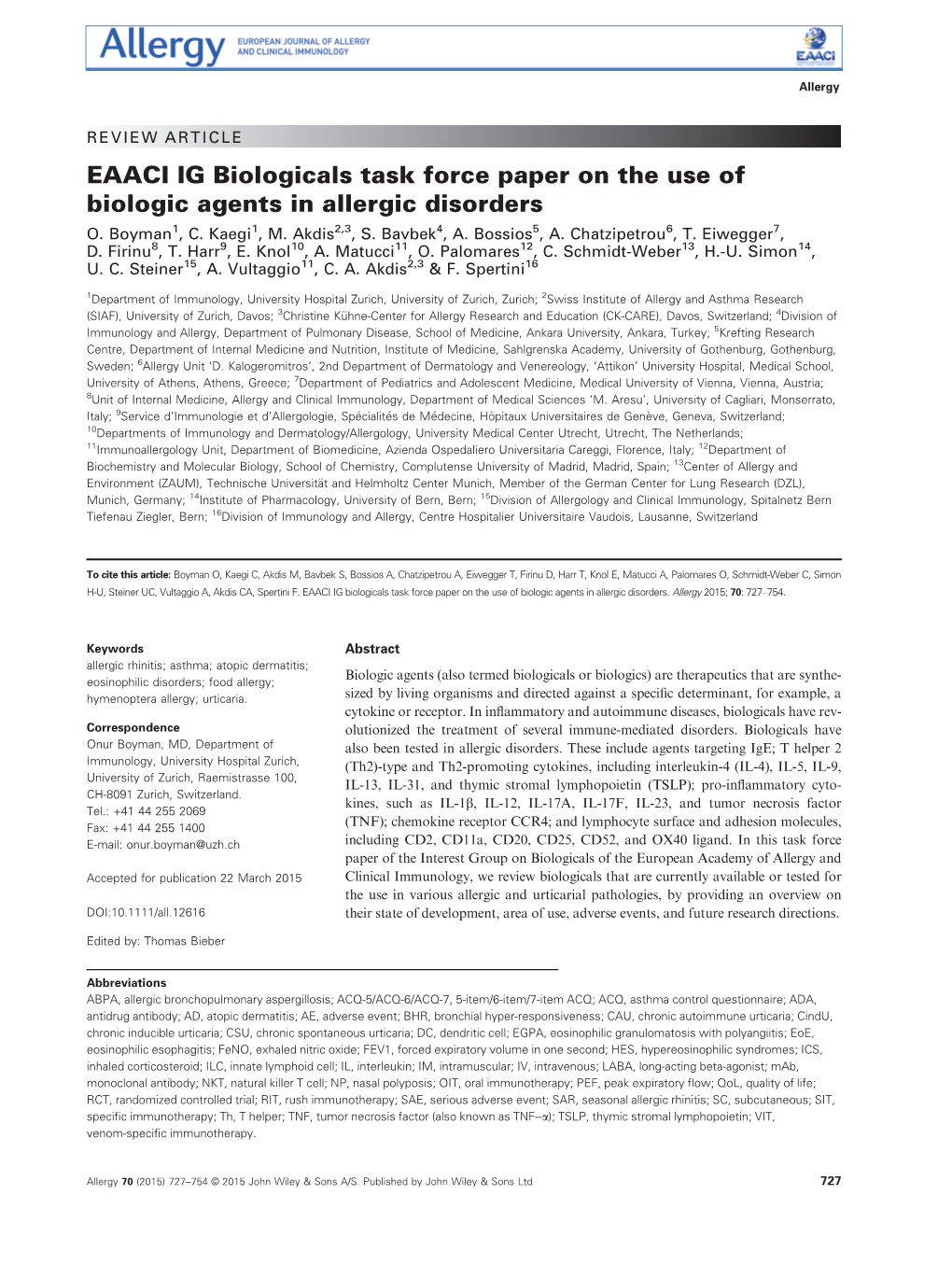 EAACI IG Biologicals Task Force Paper on the Use of Biologic Agents in Allergic Disorders O