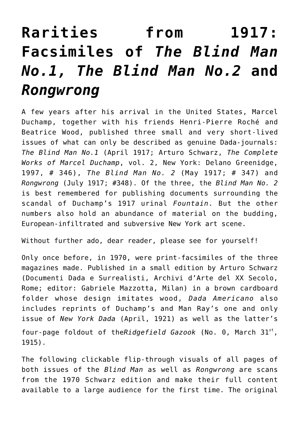 Rarities from 1917: Facsimiles of <I>The Blind Man No.1