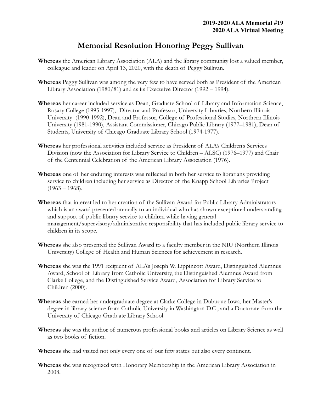M19 Memorial Resolution Honoring Peggy Sullivan.Pdf