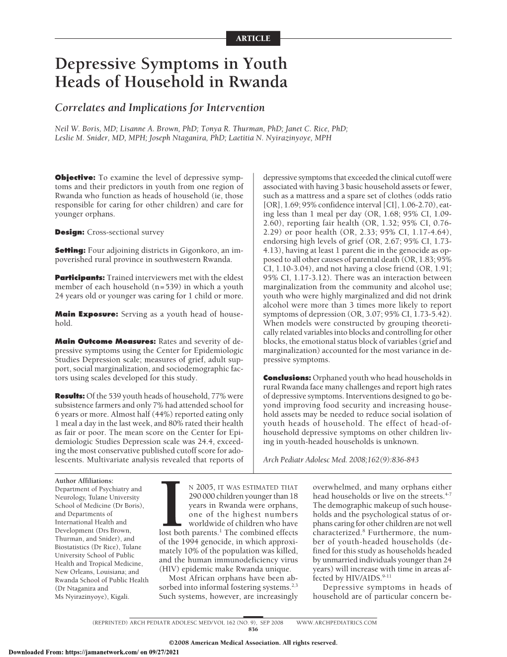 Depressive Symptoms in Youth Heads of Household in Rwanda Correlates and Implications for Intervention