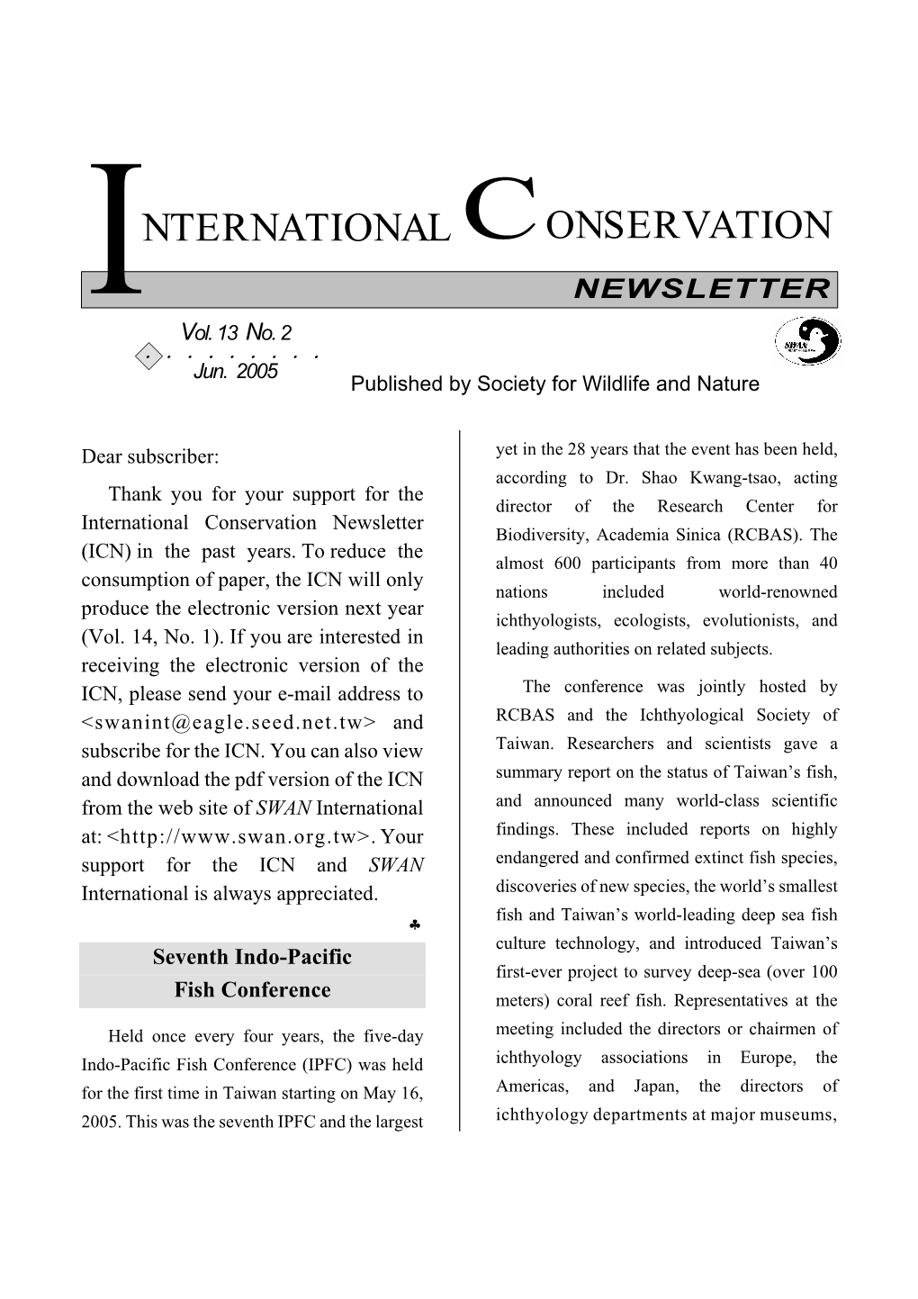 International Conservation Newsletter Biodiversity, Academia Sinica (RCBAS)