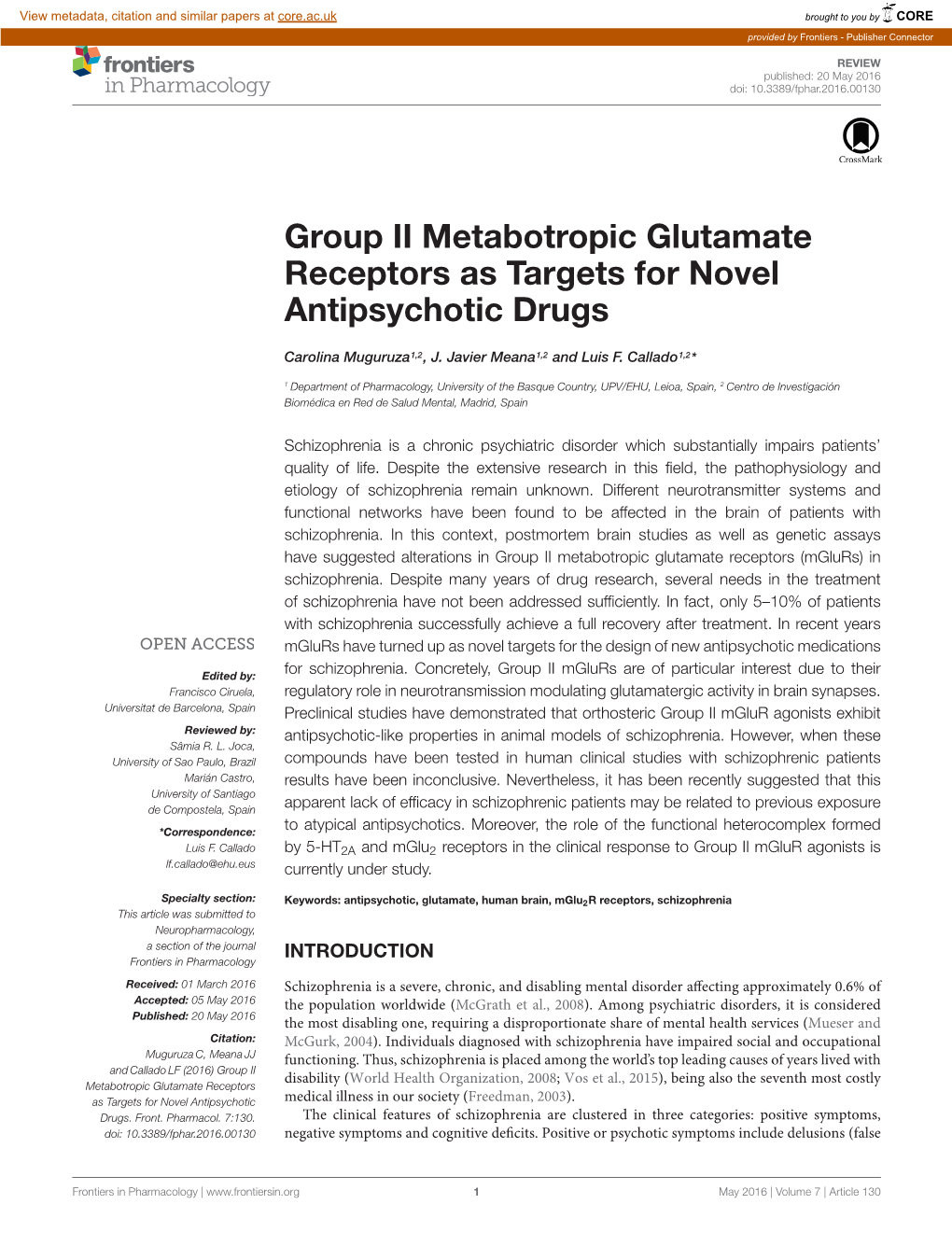 Group II Metabotropic Glutamate Receptors As Targets for Novel Antipsychotic Drugs