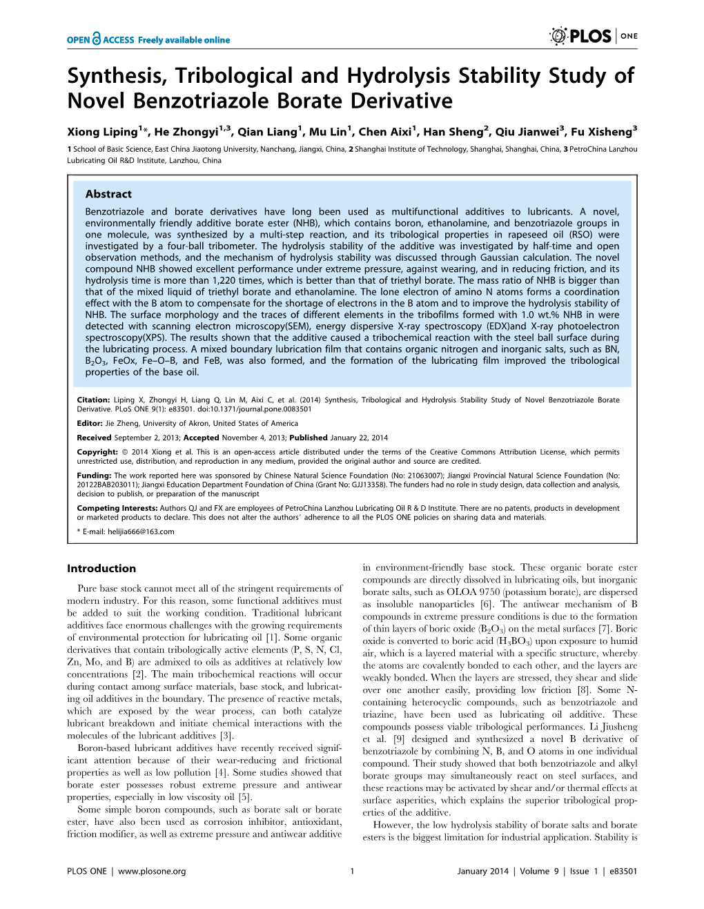 Synthesis, Tribological and Hydrolysis Stability Study of Novel Benzotriazole Borate Derivative