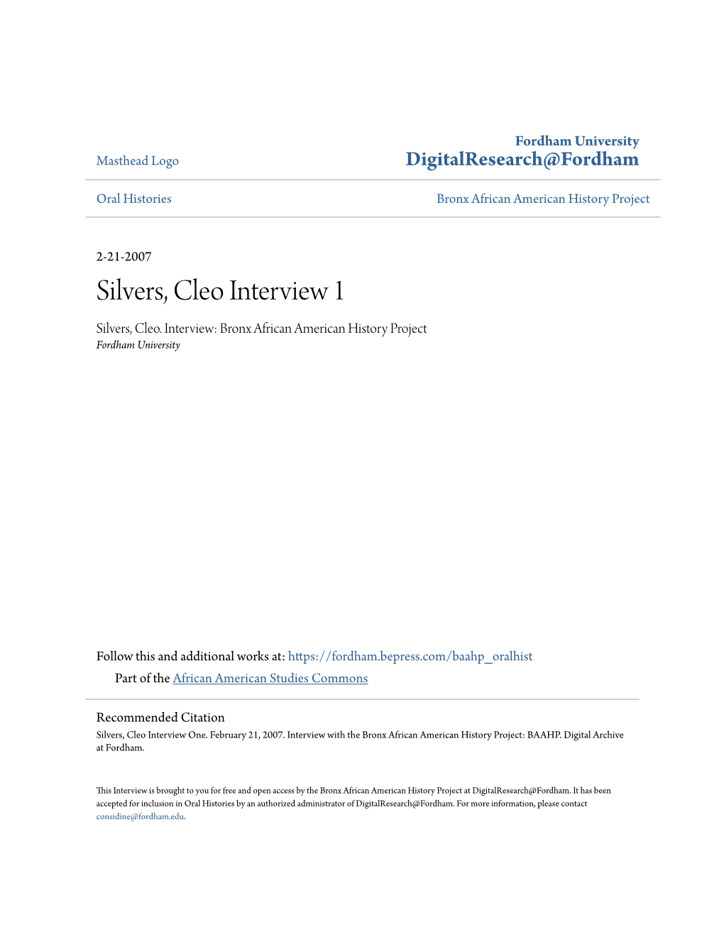 Silvers, Cleo Interview 1 Silvers, Cleo