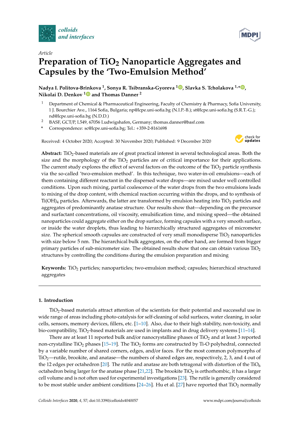 Preparation of Tio2 Nanoparticle Aggregates and Capsules by the 'Two-Emulsion Method'