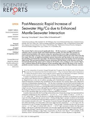 Post-Mesozoic Rapid Increase of Seawater Mg/Ca Due to Enhanced