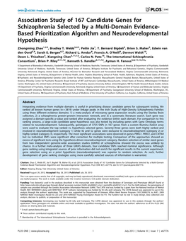 Association Study of 167 Candidate Genes for Schizophrenia Selected by a Multi-Domain Evidence- Based Prioritization Algorithm and Neurodevelopmental Hypothesis