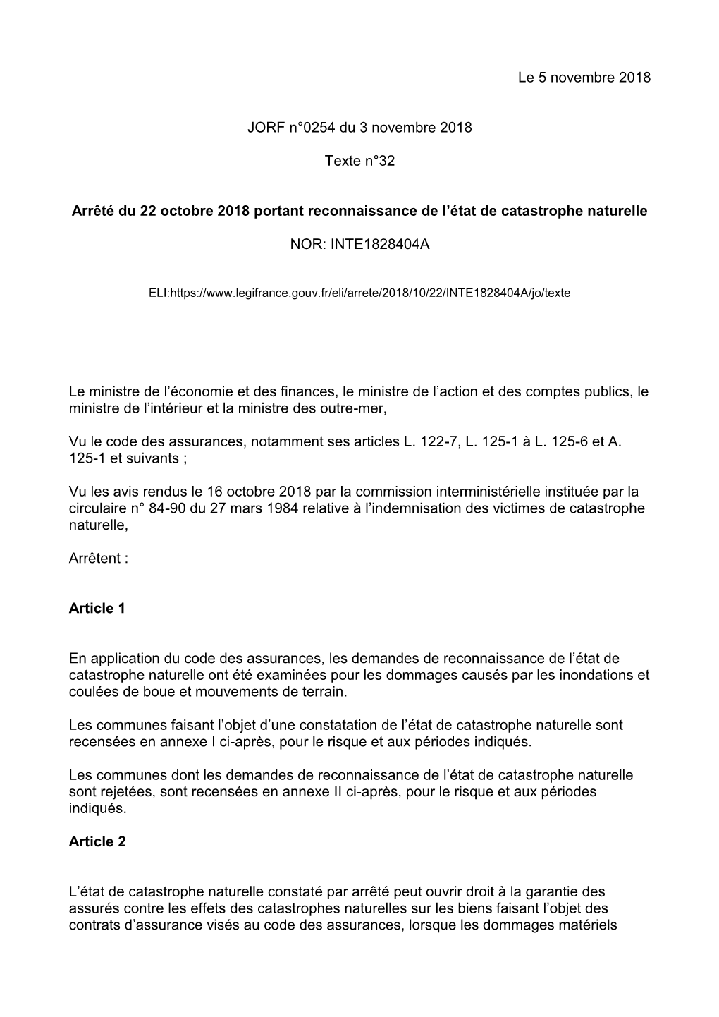 Arrêté Du 22 Octobre 2018 Portant Reconnaissance De L’État De Catastrophe Naturelle