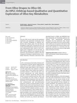 From Olive Drupes to Olive Oil. an HPLC-Orbitrap-Based Qualitative and Quantitative Exploration of Olive Key Metabolites