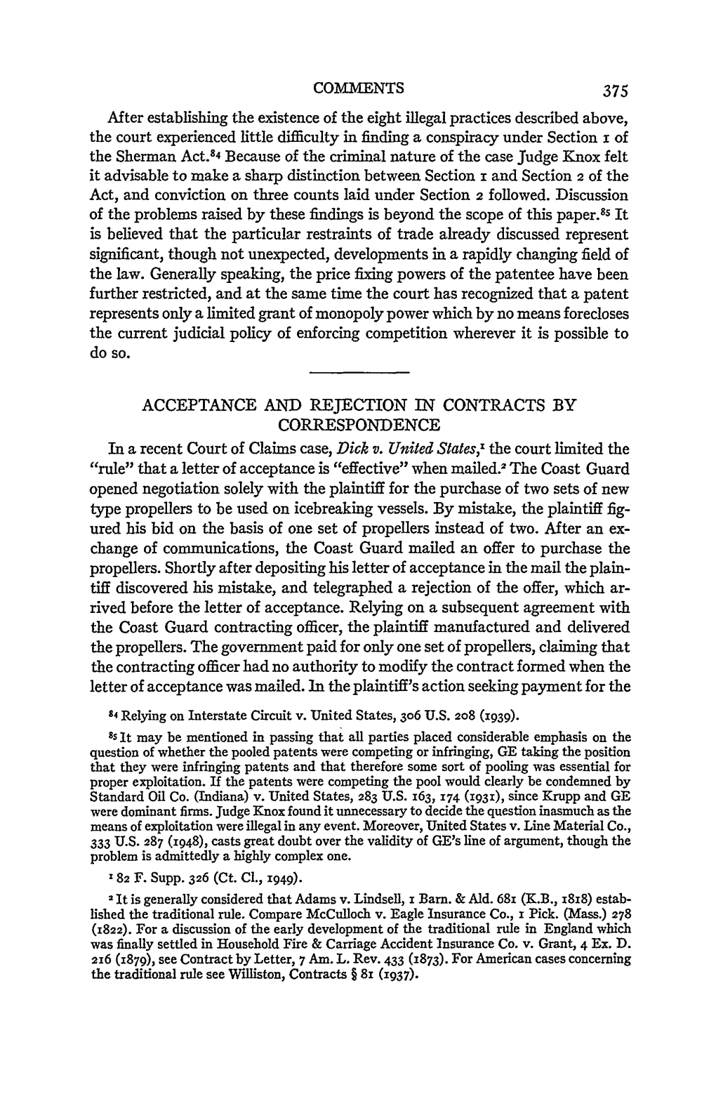 ACCEPTANCE and REJECTION in CONTRACTS by CORRESPONDENCE in a Recent Court of Claims Case, Dick V